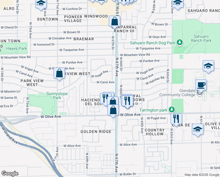 map of restaurants, bars, coffee shops, grocery stores, and more near 9350 North 67th Avenue in Glendale