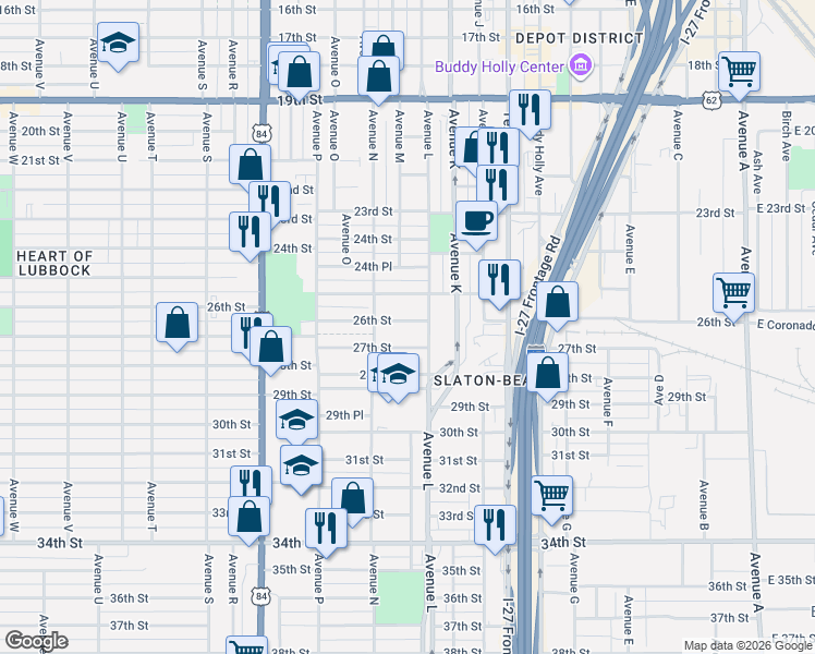 map of restaurants, bars, coffee shops, grocery stores, and more near 1316 27th Street in Lubbock