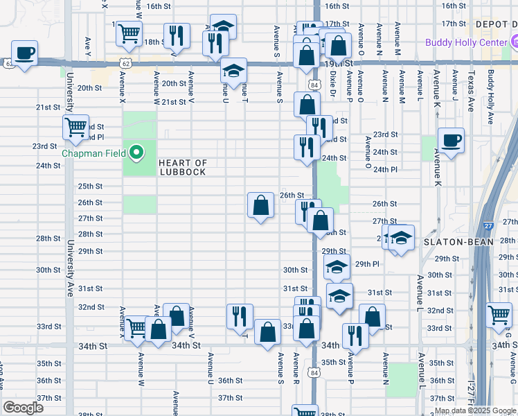 map of restaurants, bars, coffee shops, grocery stores, and more near 1917 27th Street in Lubbock
