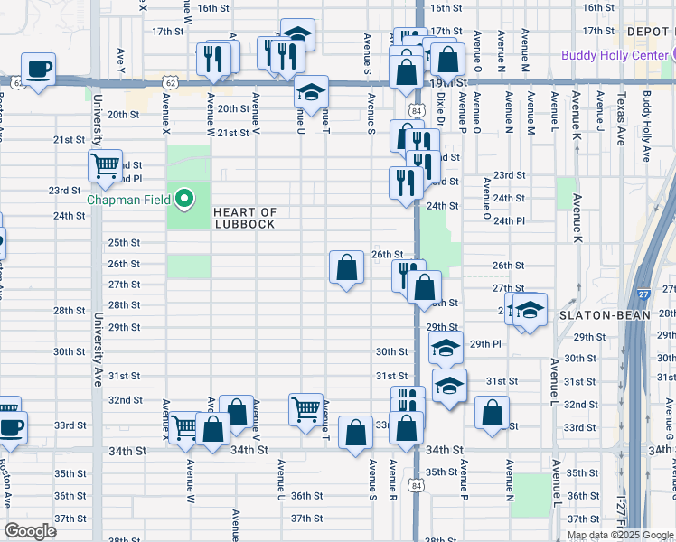 map of restaurants, bars, coffee shops, grocery stores, and more near 1917 27th Street in Lubbock