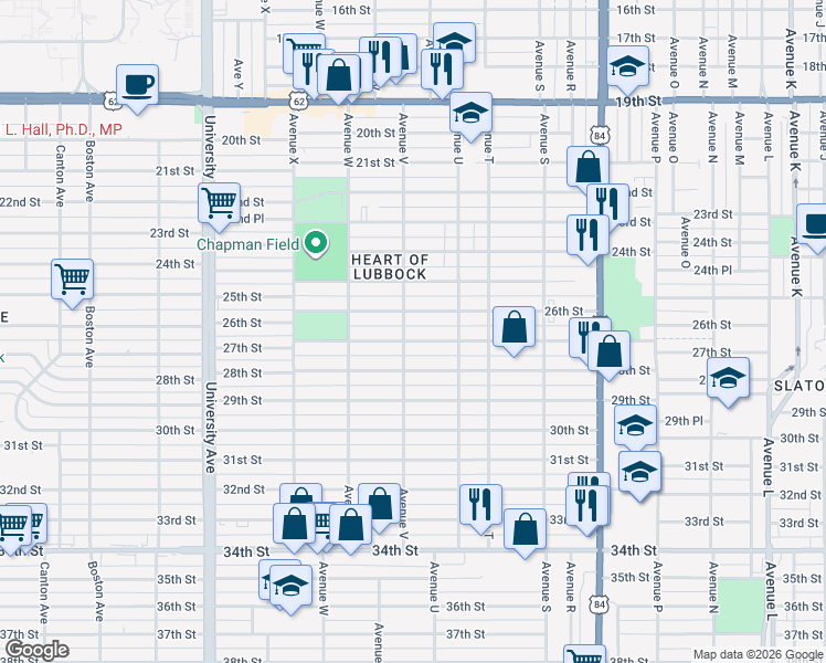 map of restaurants, bars, coffee shops, grocery stores, and more near in Lubbock