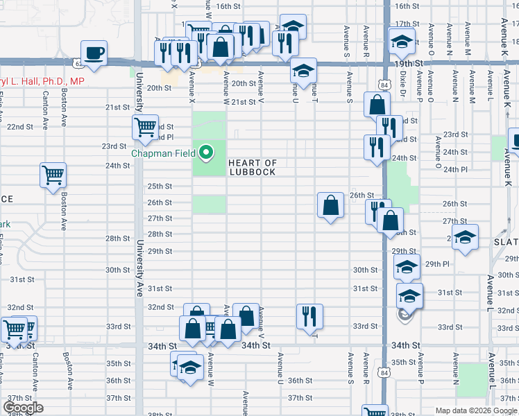 map of restaurants, bars, coffee shops, grocery stores, and more near 2203 27th Street in Lubbock