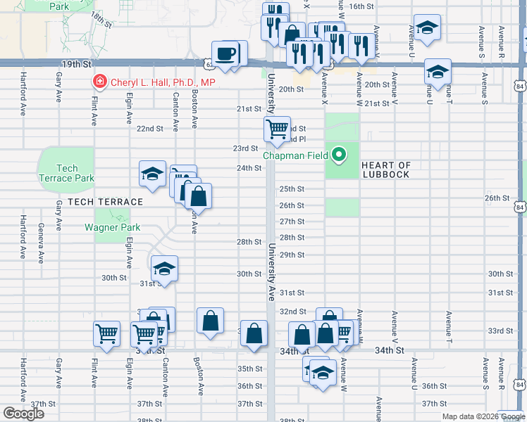 map of restaurants, bars, coffee shops, grocery stores, and more near 2504 27th Street in Lubbock