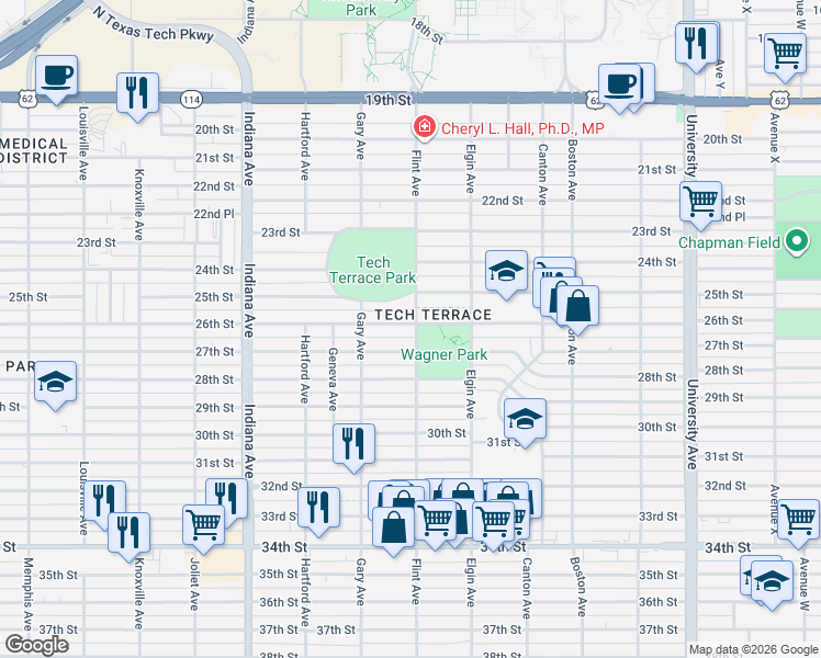 map of restaurants, bars, coffee shops, grocery stores, and more near in Lubbock