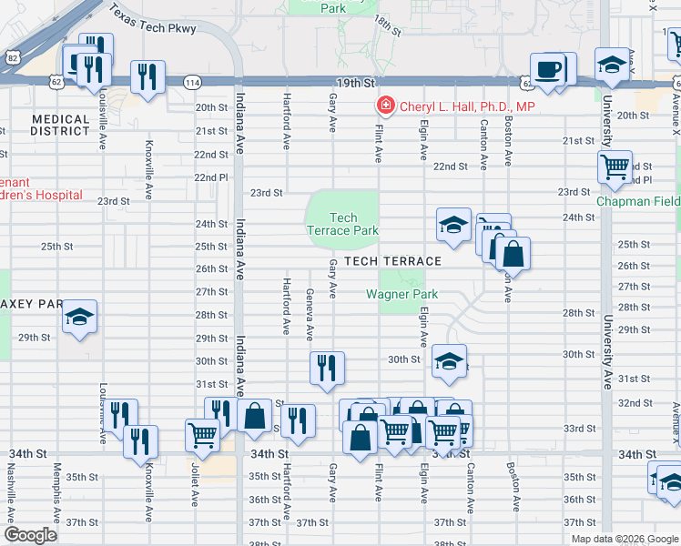 map of restaurants, bars, coffee shops, grocery stores, and more near 3118 27th Street in Lubbock