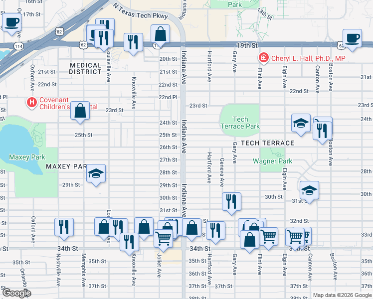 map of restaurants, bars, coffee shops, grocery stores, and more near 3320 27th Street in Lubbock