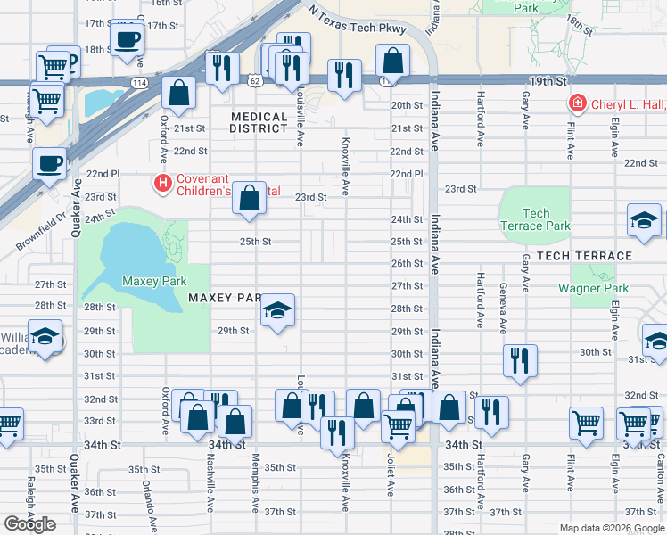 map of restaurants, bars, coffee shops, grocery stores, and more near 3520 27th Street in Lubbock