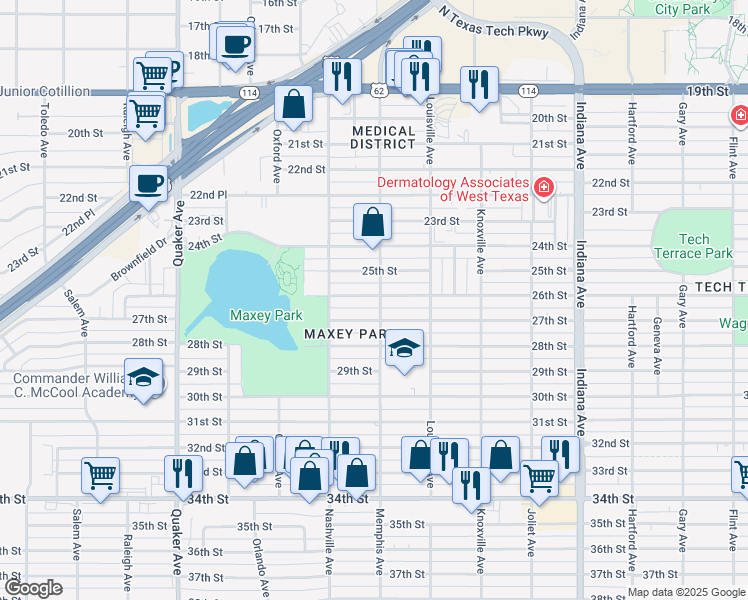 map of restaurants, bars, coffee shops, grocery stores, and more near 3802 27th Street in Lubbock