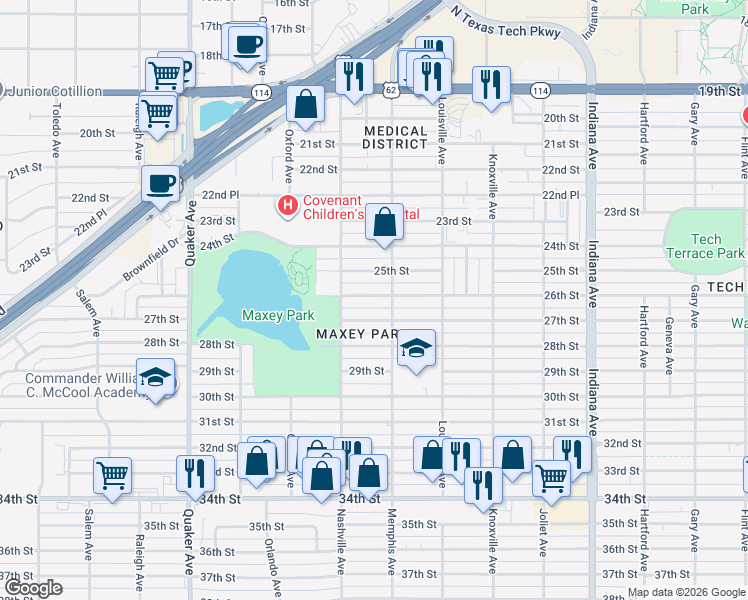 map of restaurants, bars, coffee shops, grocery stores, and more near 3802 27th Street in Lubbock