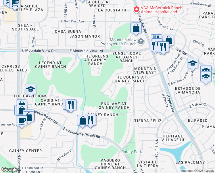 map of restaurants, bars, coffee shops, grocery stores, and more near 7760 East Gainey Ranch Road in Scottsdale
