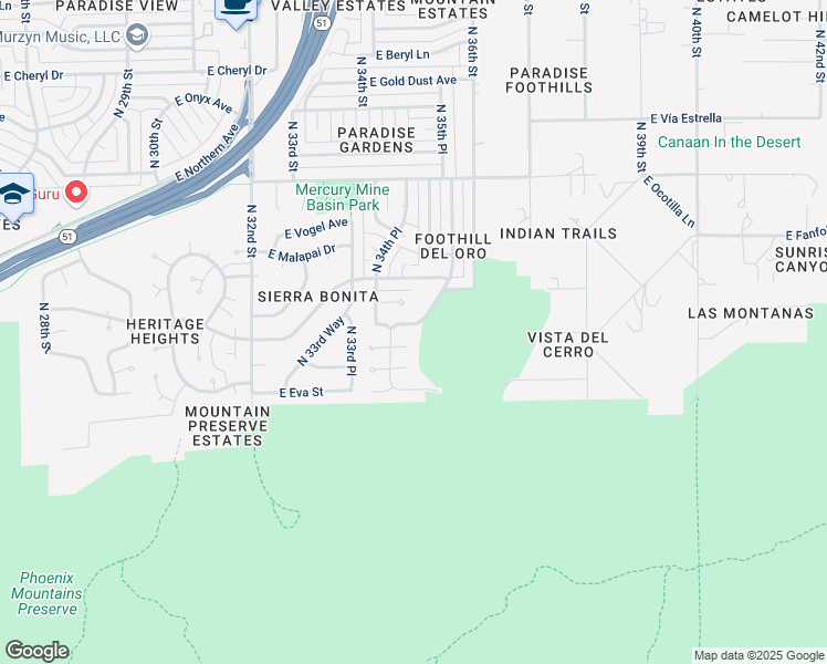 map of restaurants, bars, coffee shops, grocery stores, and more near 3444 East Mission Lane in Phoenix
