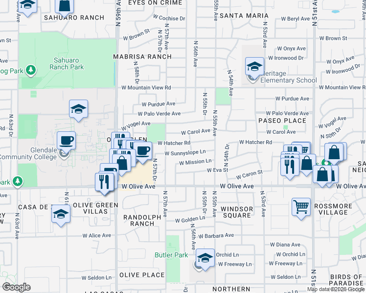 map of restaurants, bars, coffee shops, grocery stores, and more near 5620 West Sunnyslope Lane in Glendale