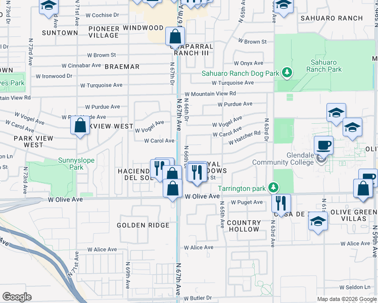 map of restaurants, bars, coffee shops, grocery stores, and more near 6607 West Sunnyslope Lane in Glendale