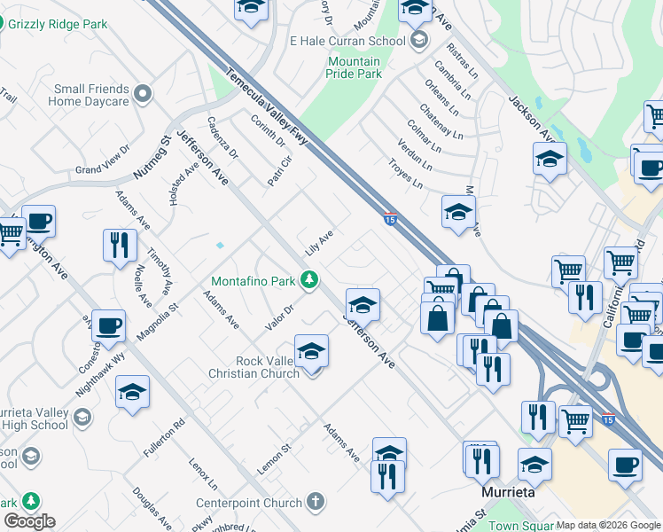map of restaurants, bars, coffee shops, grocery stores, and more near 24196 Blackberry Street in Murrieta