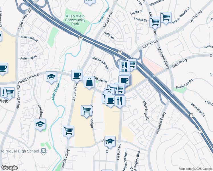 map of restaurants, bars, coffee shops, grocery stores, and more near 38 Coventry Lane in Aliso Viejo