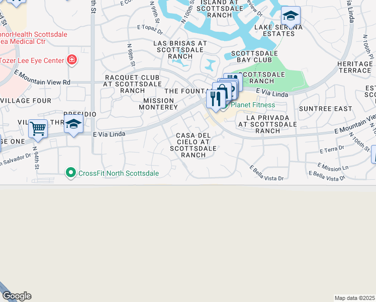 map of restaurants, bars, coffee shops, grocery stores, and more near 10055 East Cll De Cielo in Scottsdale
