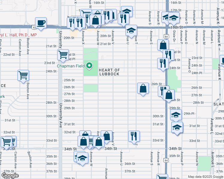 map of restaurants, bars, coffee shops, grocery stores, and more near 2203 27th Street in Lubbock