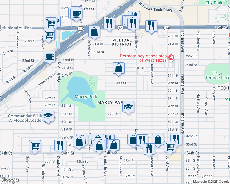 map of restaurants, bars, coffee shops, grocery stores, and more near 3802 27th Street in Lubbock