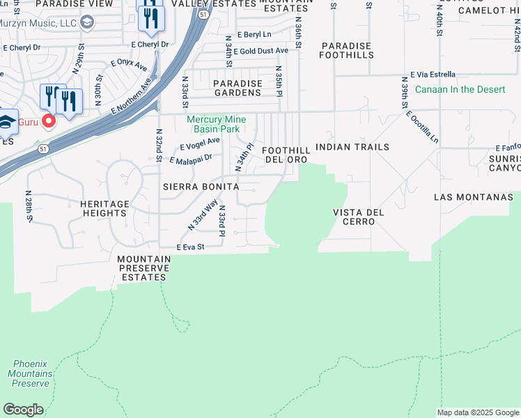 map of restaurants, bars, coffee shops, grocery stores, and more near 3444 East Mission Lane in Phoenix