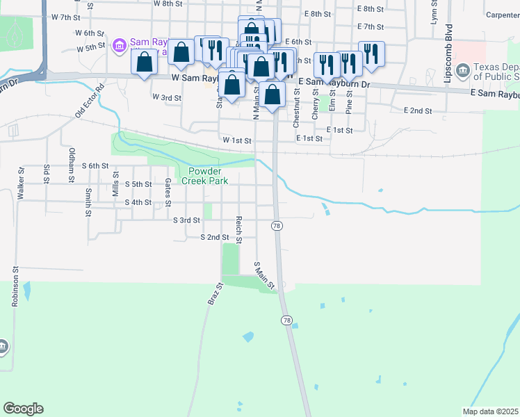 map of restaurants, bars, coffee shops, grocery stores, and more near 301 South Center Street in Bonham