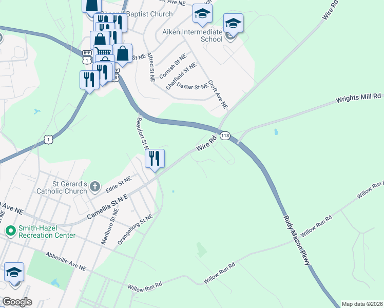 map of restaurants, bars, coffee shops, grocery stores, and more near 105 Willis Hill Road in Aiken