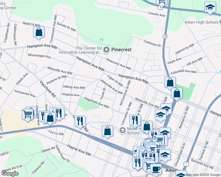 map of restaurants, bars, coffee shops, grocery stores, and more near 901 Abbeville Avenue Northwest in Aiken
