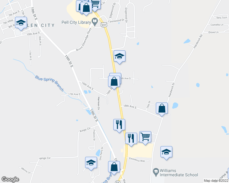 map of restaurants, bars, coffee shops, grocery stores, and more near 1607 Martin Street South in Pell City