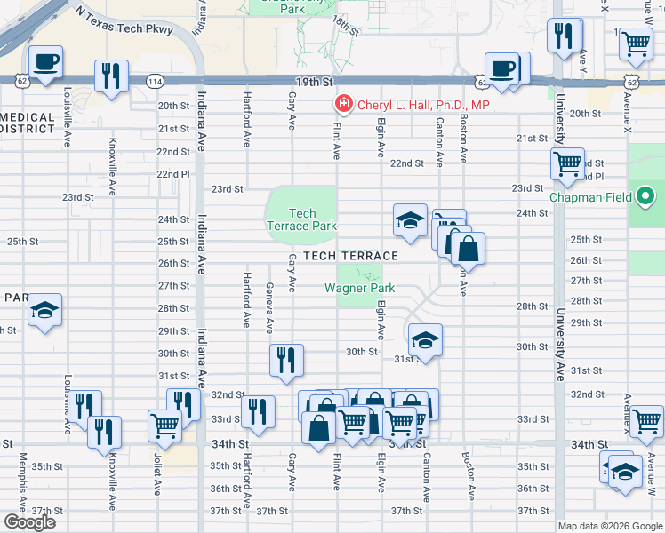 map of restaurants, bars, coffee shops, grocery stores, and more near in Lubbock