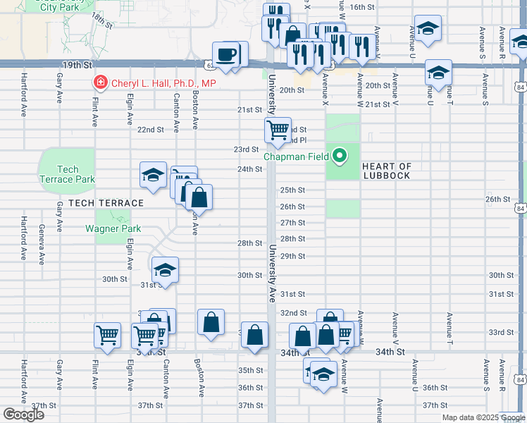 map of restaurants, bars, coffee shops, grocery stores, and more near 2504 27th Street in Lubbock