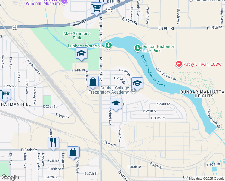 map of restaurants, bars, coffee shops, grocery stores, and more near 1801 East 27th Street in Lubbock