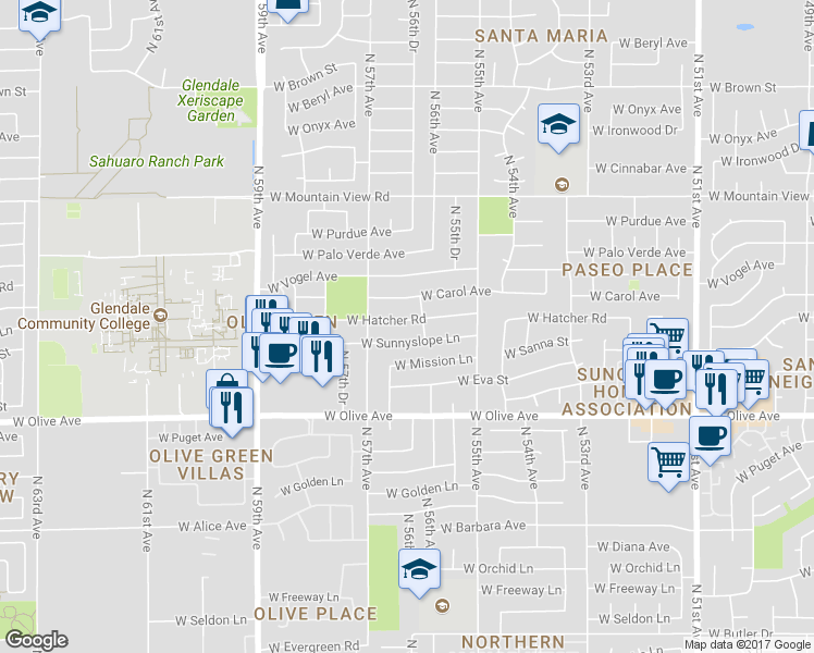 map of restaurants, bars, coffee shops, grocery stores, and more near 5617 West Hatcher Road in Glendale