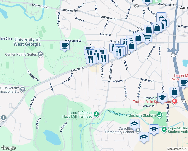 map of restaurants, bars, coffee shops, grocery stores, and more near 137 Bowen Street in Carrollton