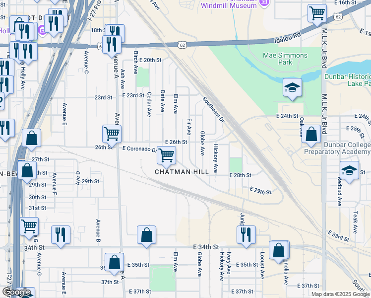 map of restaurants, bars, coffee shops, grocery stores, and more near 2614 Fir Avenue in Lubbock