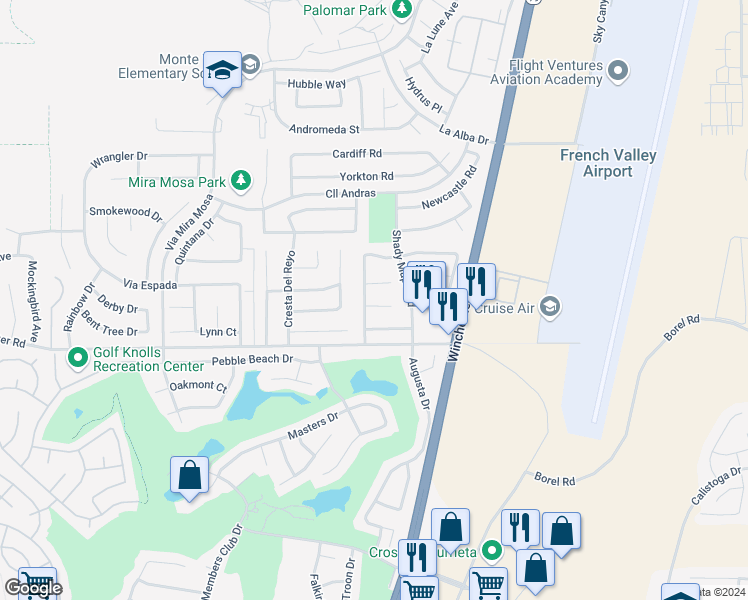 map of restaurants, bars, coffee shops, grocery stores, and more near 29820 Gardenia Circle in Murrieta