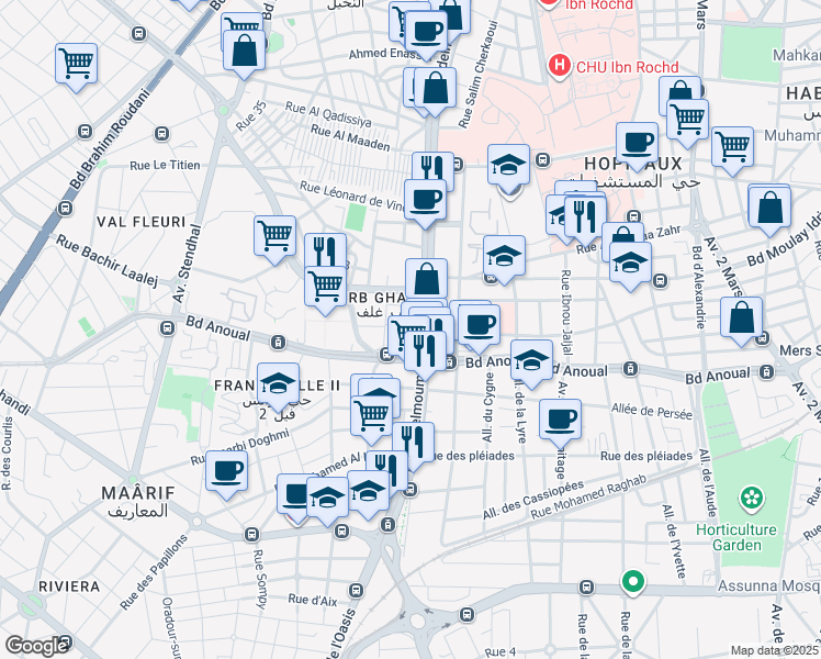 map of restaurants, bars, coffee shops, grocery stores, and more near in Casablanca
