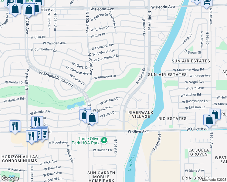 map of restaurants, bars, coffee shops, grocery stores, and more near 10033 West Mountain View Road in Sun City