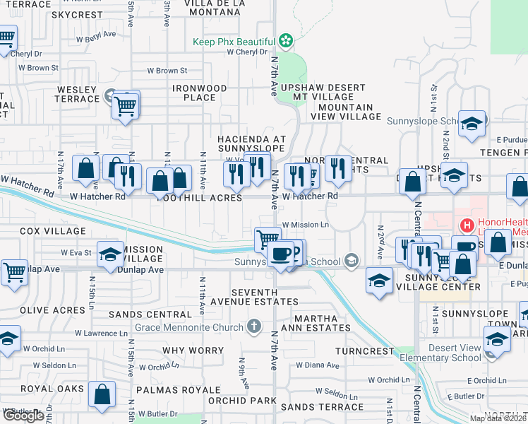 map of restaurants, bars, coffee shops, grocery stores, and more near 826 Mission Lane in Phoenix