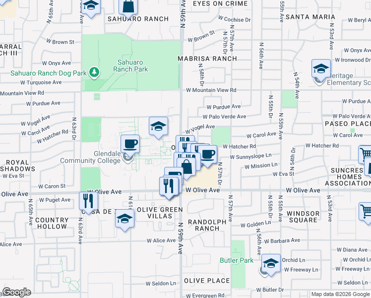 map of restaurants, bars, coffee shops, grocery stores, and more near 9225 North 59th Avenue in Glendale