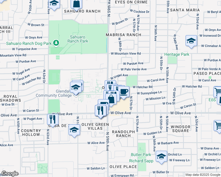 map of restaurants, bars, coffee shops, grocery stores, and more near 9225 North 59th Avenue in Glendale