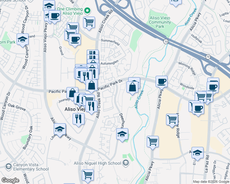 map of restaurants, bars, coffee shops, grocery stores, and more near 23412 Pacific Park Drive in Aliso Viejo