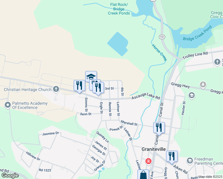 map of restaurants, bars, coffee shops, grocery stores, and more near 611 Rennie Street in Graniteville