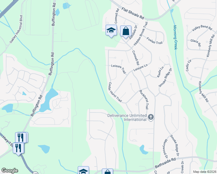 map of restaurants, bars, coffee shops, grocery stores, and more near 6525 Cedar Hurst Trail in Atlanta