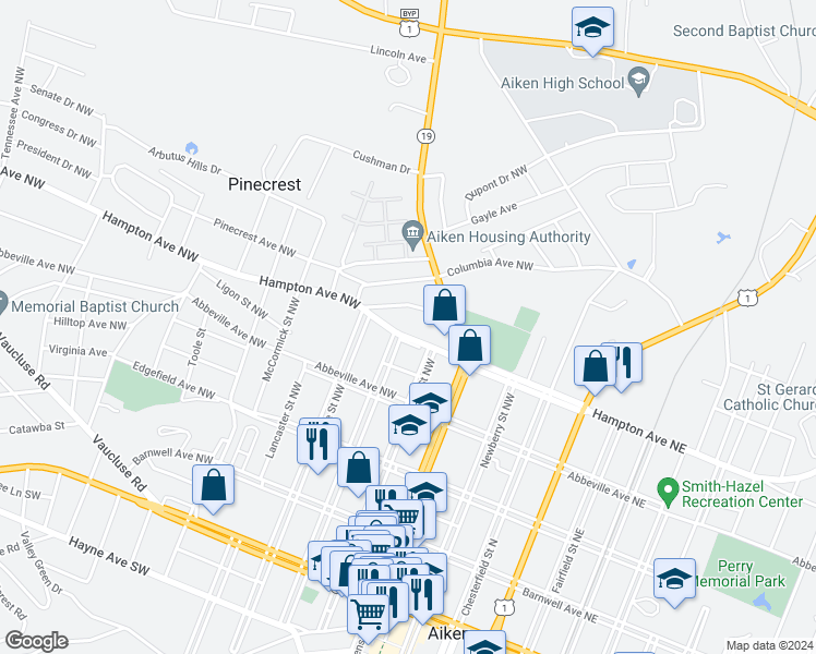 map of restaurants, bars, coffee shops, grocery stores, and more near 430 Hampton Avenue Northwest in Aiken