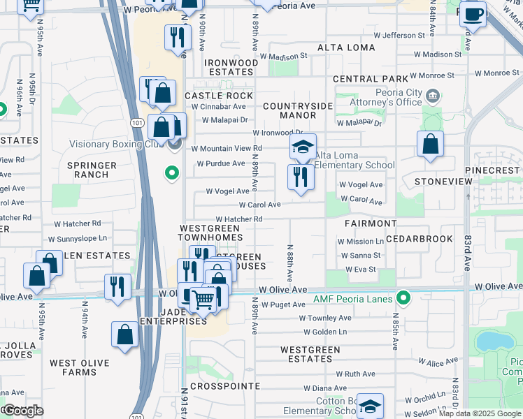 map of restaurants, bars, coffee shops, grocery stores, and more near in Peoria