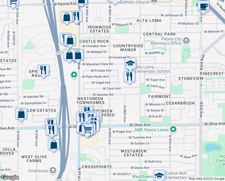 map of restaurants, bars, coffee shops, grocery stores, and more near in Peoria