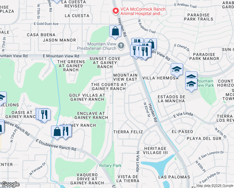 map of restaurants, bars, coffee shops, grocery stores, and more near 7770 East Gainey Ranch Road in Scottsdale