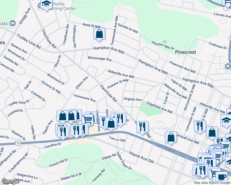 map of restaurants, bars, coffee shops, grocery stores, and more near 3100 Vaucluse Road in Aiken
