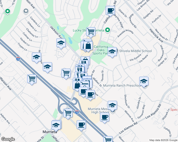 map of restaurants, bars, coffee shops, grocery stores, and more near 40702 California Oaks Road in Murrieta