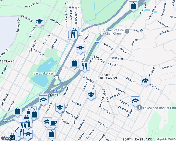 map of restaurants, bars, coffee shops, grocery stores, and more near 8311 2nd Avenue South in Birmingham