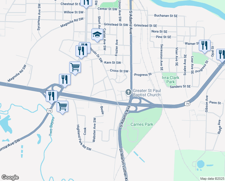 map of restaurants, bars, coffee shops, grocery stores, and more near 871 Brooks Avenue Southwest in Camden